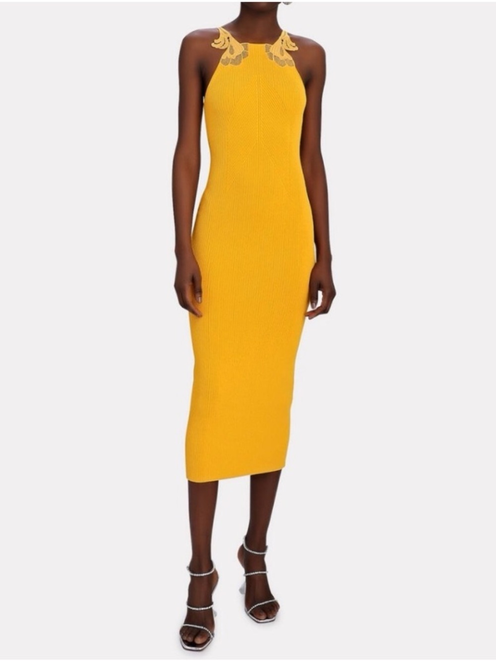 Self-Portrait Canary Yellow Ribbed Knit Bodycon Midi Dress With Lace Size Small - Picture 6 of 14